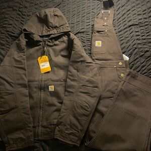 Carhartt Dark Brown Hooded Jacket and Bib Overalls